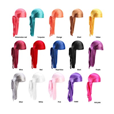 European and American men women simulation silk long tail Muslim Plain Unisex Headwrap Silky Durags Pack for Men Waves