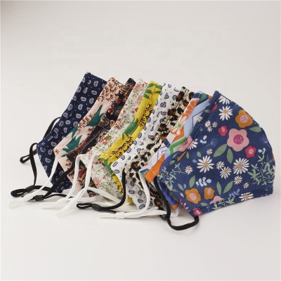 Wholesale 3 ply washable cotton reusable facemask cloth foldable with filter dustproof breathable civilian cute floral maskes