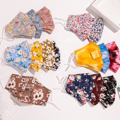 trendy women floral maskes dustproof plug  filter printed cotton maskes with holes Cotton fashion face maskes band